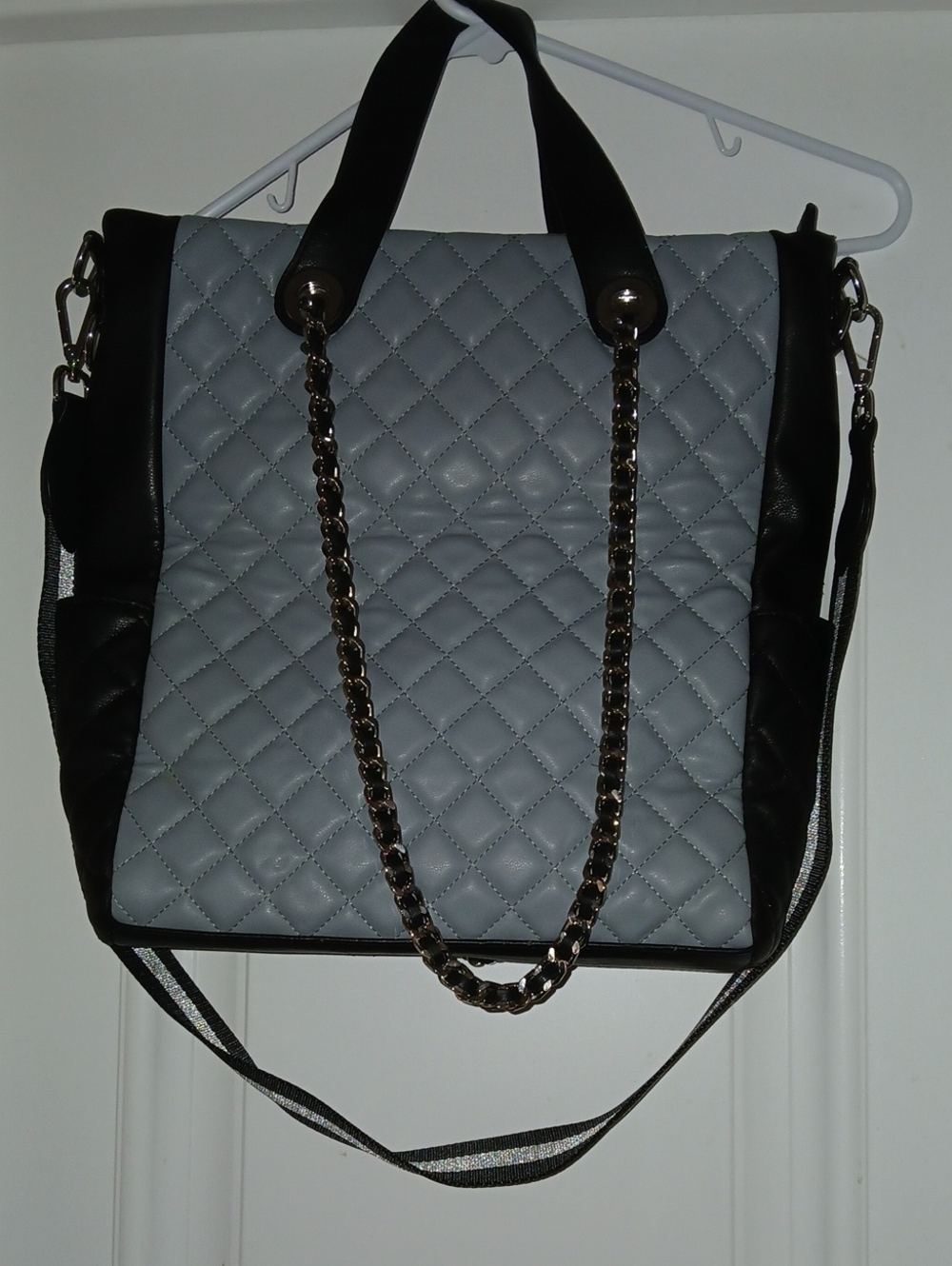 Quilted Gray and Black Chain-Accent Tote Bag